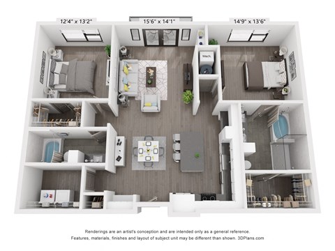 Floor plan for 2 beds, 2 baths, 1364 sqft